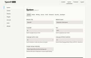 The system settings page of Typemill.