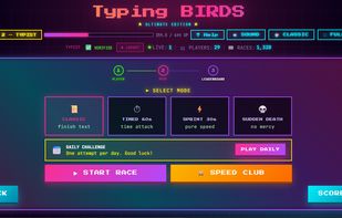 TypingBIRDS race mode selection screen featuring multiple game modes including Classic, Timed, Sprint, and Sudden Death. Players can join daily challenges, compete in speed-based typing races, and track their scores in a retro arcade-inspired interface.
