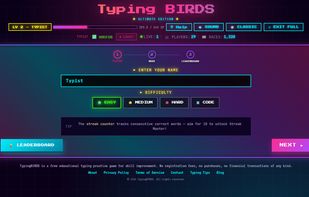 TypingBIRDS typing race mode with difficulty selection, XP progression, live multiplayer competition, and global leaderboards in a retro arcade-style interface.