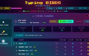 TypingBIRDS classroom dashboard showing teacher-managed typing classes, student progress tracking, typing sessions, average WPM, top scores, and accuracy statistics. Teachers can create classes, invite students, monitor performance, and manage classroom typing activities from a single dashboard.
