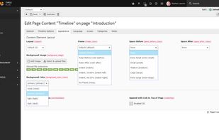 The TYPO3 v9 backend while editing a content with some dropdown menu opened as a sample to show the options.