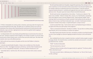 Reading an ePub in two-column mode: a true two-page spread, the publisher's own layout, and your chosen theme.