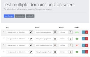 Tests can be combined in a collection. With a collection, the default parameters can be overwritten. This allows a test to not only run against it's predefine URL domain or browser, but against any desired combination. This is a useful feature to facilitate running the same test against a development environment, a user acceptence environment, a build server, etc.