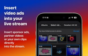 Insert?video ads?into your?live stream. Insert sponsor ads, partner videos or your own clips directly into the stream.