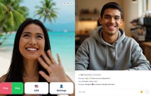 A live video chat on desktop: the stranger on the left, your camera on the right, and text chat alongside.