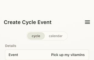 Create a recurring cycle-day event: Pick up my vitamins, Cycle Day 25, 18:00, Every Cycle. Example data; a personal shopping reminder, not supplement advice.