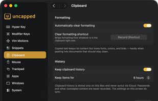 Clipboard: strip formatting on copy and keep a private clipboard history that stays on your Mac and expires on your schedule.