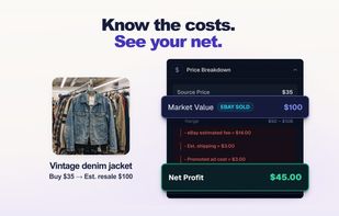 Price Breakdown view with buy cost, marketplace fee, shipping, promoted ad cost and $45 net profit.