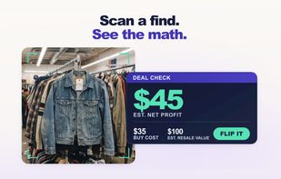 Vintage denim jacket scan showing $45 estimated net profit and a Flip It recommendation.
