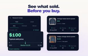 Research Comps view showing a $100 typical sold price and two comparable denim jacket sales.