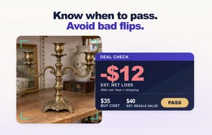 Thrift-store candelabra scan showing a $12 estimated loss and a Pass recommendation.