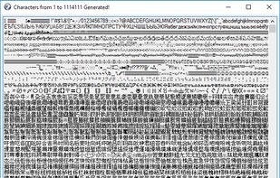 Characters from 1 upto 1114111 generated, output window with horizontal results 
