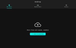The main Web Share screen. Tap "Select & Send Files" to upload a file and generate a temporary, private web link to share with anyone.