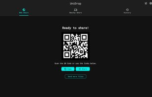 This screen appears after a file has been successfully uploaded via Web Share. The recipient can scan this QR code or use the provided link to download the file.