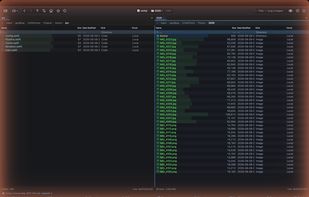 Dual-pane view with independent tabs, colour-coded file types and Total Commander function keys along the bottom.