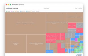 Folder heatmap: every file drawn proportional to its size, so the thing filling the disk is the thing you can see.