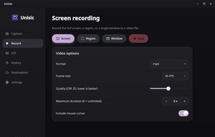 Screen recording settings of the app