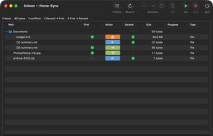 Review proposed changes before syncing, with conflicts and per-item direction.