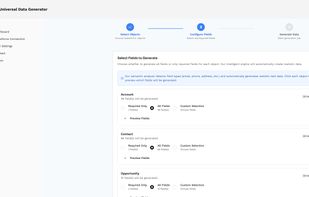 Step 2 of wizard: Configure fields per object with Required Only, All Fields, or Custom Selection options