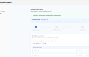 Step 1 of wizard: Select Salesforce objects (Account, Contact, etc) with record count configuration