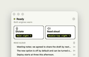 The home panel: hold Right Option to dictate into any app, double-tap it to read aloud, and see what was recently read.