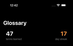 The personal glossary. Every term you look up is saved automatically with the episode it came from and sorted by subject. Free users get the glossary and its vocabulary stats.