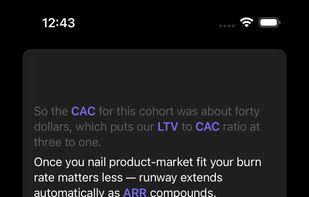 Live transcript highlighting. Once Unpack has learned which terms you already know, it marks the ones it expects to be unfamiliar before you ask. Premium feature.