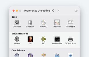 UnSething preferences: database, image viewing, DICOM networking and backup settings.