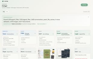 A workspace containing multiple datasets, documents, images, and detected connections from a real ChatGPT data export.