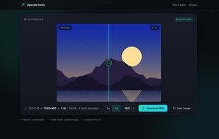 Before/after slider on a 4x result, processed in the browser (320x240 to 1280x960, nothing uploaded)