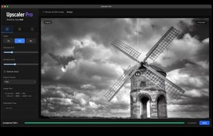 Main application window. The left panel controls upscaling parameters and options, configuration and a help tab. Users can evaluate the settings using a slider. 