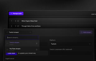 Send one stream to YouTube, Twitch, and other streaming services from one cloud workspace.