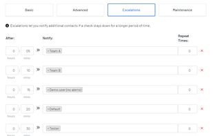 Escalations allow users to receive a notification that a check has stayed down longer than a designated period of time.