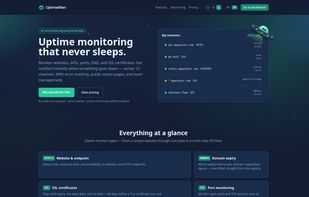 Beyond plain up/down: slow-response alerts, production error tracking, public status pages, teams with per-person roles and 12 notification channels.