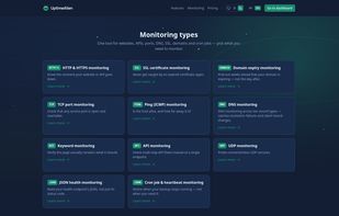 Eleven monitor types in one tool — HTTP/S, SSL and domain expiry, TCP ports, ping, DNS, keyword, API flows, UDP, JSON health and cron/heartbeat.