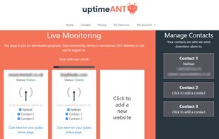 The main dashboard in desktop view. Websites can be added on the left, and contacts can be added on the right. Note that different contacts can be alerted for different websites.