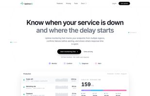 UptimeIO home page: monitors checked from Amsterdam, US West and Singapore, with response time broken down into DNS, TCP, TLS and server time.