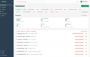 See every monitor at a glance. Filter by client or environment group, check availability, active incidents and scheduled maintenance, then jump straight to the monitors that are down right now.