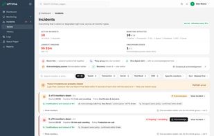 When several monitors fail together, Uptimia groups them into one incident and sends one digest alert. Acknowledging it pauses the escalation, and failures that are probably related are flagged so you find the shared cause faster.