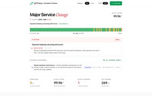 90-day uptime bars per component, live incident updates and scheduled maintenance. Visitors can subscribe, switch between UTC and local time, and pick a light or dark theme.