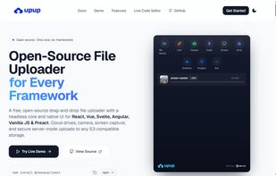 The upup homepage with the live uploader demo.