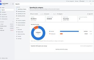 Twelve reports, like spending by category, each exportable to CSV.