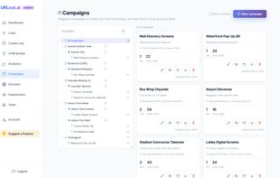 Campaigns organised in folders by client and brand, with clicks rolling up at every level. Each campaign shows its client and brand path alongside its own 30-day click count, so a per-client report is a view rather than something assembled by hand.
