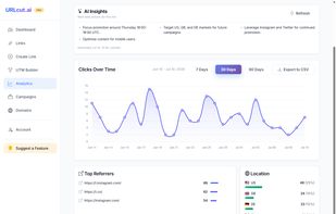 Per-link analytics - AI insights, clicks over time, top referrers, and country/city/region breakdowns.