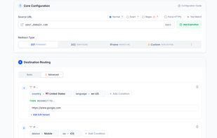 Redirect rule builder with 301/302 options and advanced country, language, and device routing.