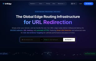 Marketing page showing global edge routing, smart links, and low-latency redirects.