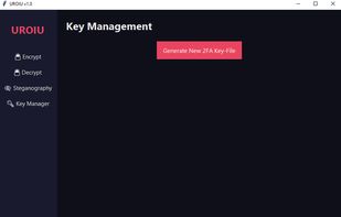 A sleek dark-themed user interface featuring a minimalist sidebar for quick navigation between Encryption, Steganography and Key Management tool