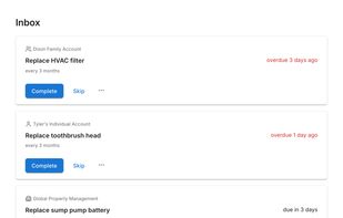 Inbox with current and overdue routines across individual, family, and organization accounts.