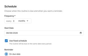 Schedule settings for a recurring routine using a quarterly fixed schedule.