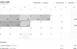 Month calendar with day and week totals and a per-project breakdown